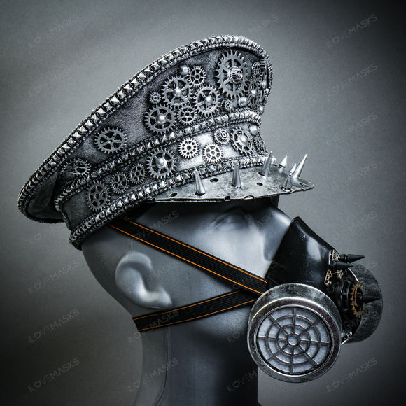 Metallic Silver Steampunk Captain Cap w/ Silver Party Gas mask Halloween Costume